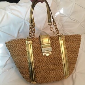 Michael Kors large jute handbag with gold leather